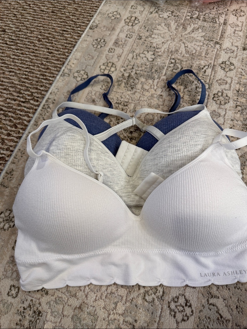 Laura Ashley White & Navy Ribbed Padded Bralette set of 3